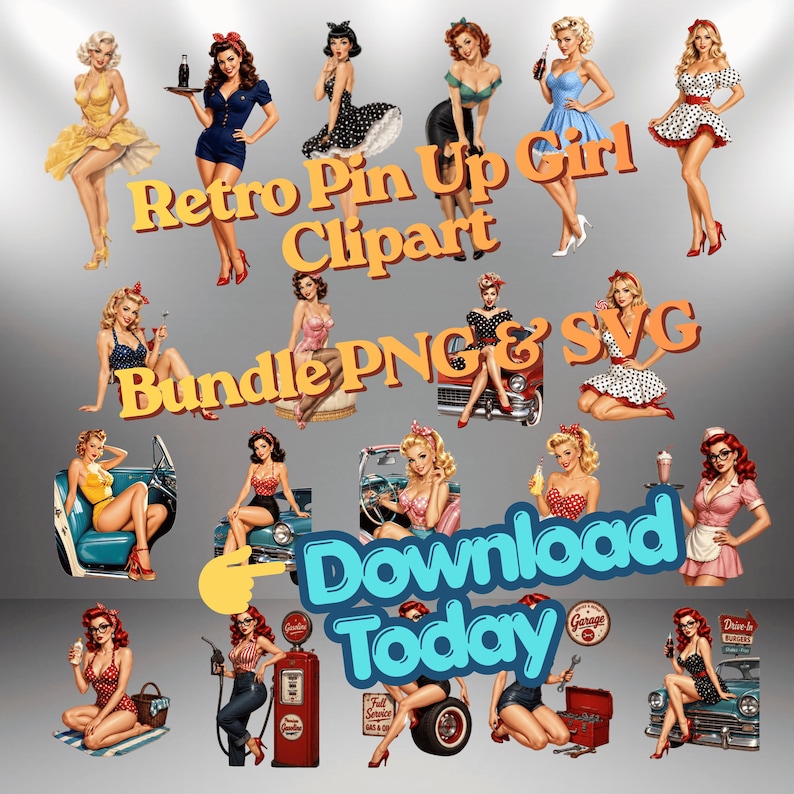 Pin Up Vector Stickers Retro Pin up Girl Clipart Bundle PNG SVG | Vintage 50s Rockabilly Women ...