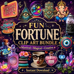 May include: A digital clip art bundle featuring mystical imagery including a fortune teller sign, an all-seeing eye, a crystal ball, a Hamsa hand, Ganesha, potion bottles labeled Hope and Love Potion, a face in sunglasses, and crystals.