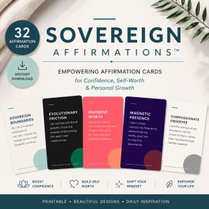May include: A set of 32 Sovereign Affirmations cards featuring text on white, black, coral, and dark purple backgrounds. Each card displays a unique title and affirmation statement. The design includes circular accents and clear typography for daily inspiration.