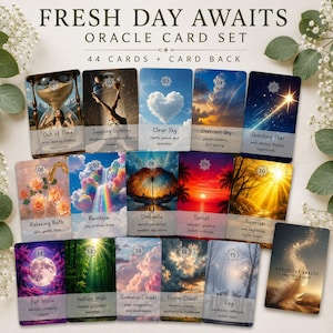 Könnte beinhalten: Ein Set aus 44 Orakelkarten mit dem Titel Fresh Day Awaits. Die Karten zeigen nummerierte Illustrationen von Naturszenen, darunter eine Sanduhr, eine herzförmige Wolke, ein Regenbogen, ein Sonnenuntergang und ein Vollmond, jeweils mit Titel.