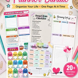 May include: A Brain Dump Planner Bundle with 20+ printable pages including a work from home sheet, deep clean checklist, grocery list, weekly meal planner, and gift tags. The pages feature colorful text, icons, and organized sections for planning.