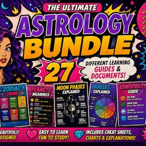 May include: A colorful astrology bundle with 27 guides and documents, including cheat sheets and charts. The image features a woman with purple hair and the text "The Ultimate Astrology Bundle". Perfect for beginners, tarot readers, students, self-learners, and spiritual seekers.