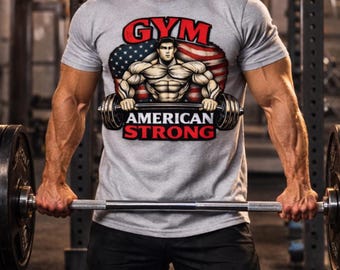 American Strong Gym T-Shirt, Patriotic Bodybuilder Workout Tee, USA Flag Fitness Shirt