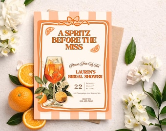 Invitación de despedida de soltera con Aperol Spritz, invitación para despedida de soltera con cítricos, fiesta de despedida de soltera con Spritz (Canva editable)