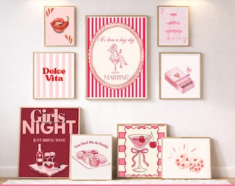 Láminas de arte mural de coqueta rosa y roja, temática de martini femenino (descarga digital, juego de 50 piezas)