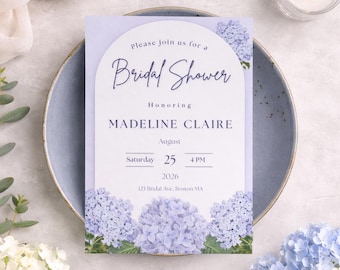 Plantilla de invitación para despedida de soltera con hortensias de lavanda, descarga digital, plantilla editable