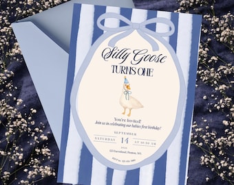 Invitación de primer cumpleaños de Silly Goose, Invitación de Blue Goose para celebrar su primer cumpleaños (Descarga digital)