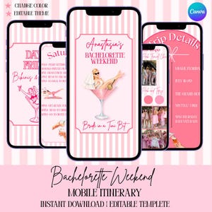 Itinerario móvil para despedida de soltera, plantilla personalizable de Canva (descarga instantánea)