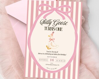 Invitación de primer cumpleaños de Silly Goose, Invitación de Blue Goose para celebrar su primer cumpleaños (Descarga digital)