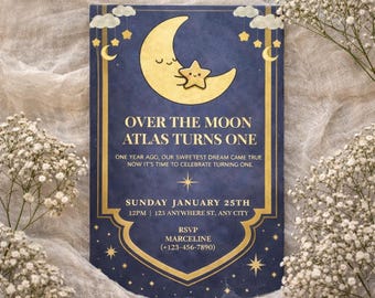 Invitación de cumpleaños para bebé "Over The Moon" personalizable + invitación de agradecimiento, plantilla digital editable.