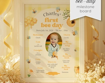 First Bee-Day Milestone Board Template: Honey Bee Party Decor (Digital Download)