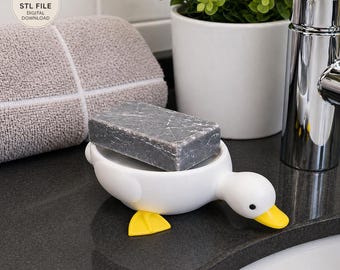 Zeepbakje Eend STL met afvoer | Sponshouder Wastafelorganizer | Leuk badkamerblad 3D-afdrukbestand | Soap Saver aanrecht