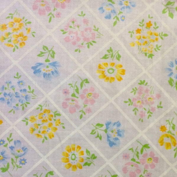 vintage sheet pastel flowers in trellis grid - pink, blue, yellow, green