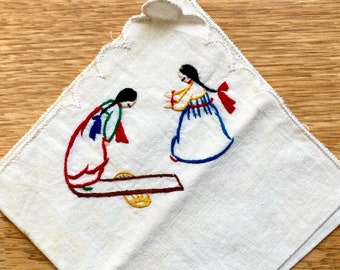vintage Einstecktuch koreanisches Mädchen handbesticktes Taschentuch circa 1960er Jahre - unperfekt