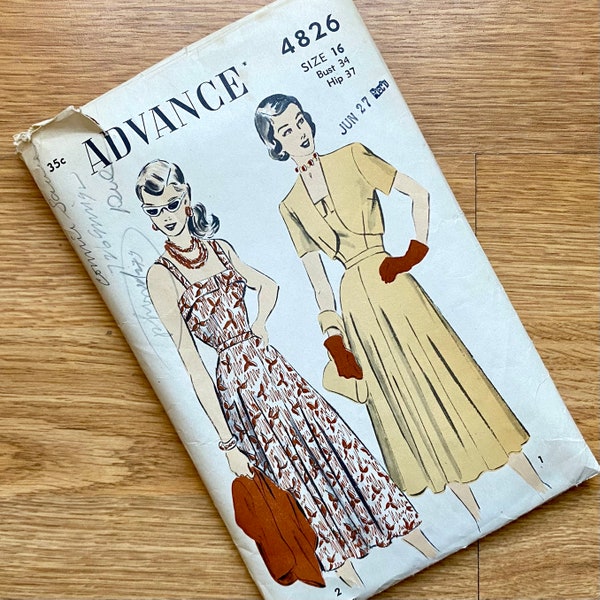 Advance 4826 1940s pattern for misses' sun dress & bolero jacket, size 16 (bust 34")