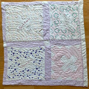 vintage signature quilt cutter pieces, 1930s pastel purple & pink friendship quilt, hand-embroidered names, shabby decor or photo prop image 7