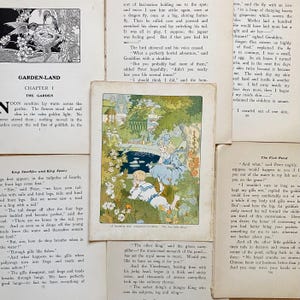 アンティークのガーデンランドの一時的印刷物、テキストページまたはカラーイラスト、1907 年のエドワード朝の子供向けの本、スクラップブック、ジャンクジャーナルなどに最適。
