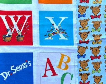 Dr. Seuss ABC fabric scrap bag, multicolored quilt prints, partial panel, neckties print, 3/8 yard total