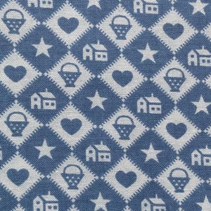 Tela con motivo de colcha vintage, estampado de pequeños tramposos, azul y blanco, Fabric Traditions de los años 90, por 1/4 yarda