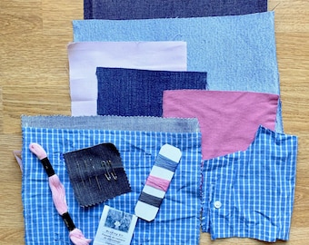 denim patch mending kit, blue & pink sewing supplies in handmade roll-up pouch, portable slow stitching