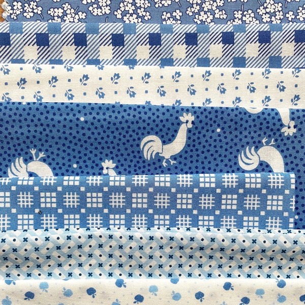 blue & white repro feedsack quilt fabric scrap bag - various small sizes, approx. 2/3 yard total