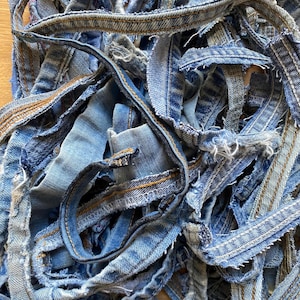 reclaimed denim seams & hems, reclaimed blue jeans pieces, assorted cotton and stretch denim