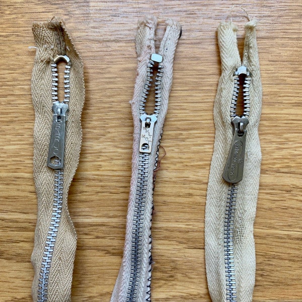 vintage long metal beige zippers - closed top & bottom - Princess House, Bargo, Whitmor - 26"+ - sold separately
