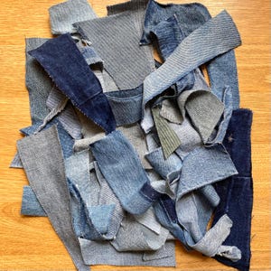 denim small scraps & strips from salvaged blue jeans, confetti for upcycling, crafts, decor, 3 oz.