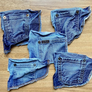 denim coin pockets assorted lot of 5, reclaimed jeans pieces, various washes & sizes, for upcycling