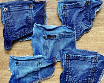 reclaimed denim coin pockets, jeans pieces for upcycling, assorted lot of 5