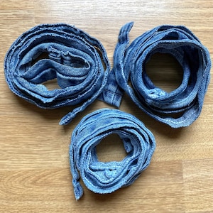 reclaimed denim inseams, salvaged long blue jeans seams, lot of 3, single-stitch