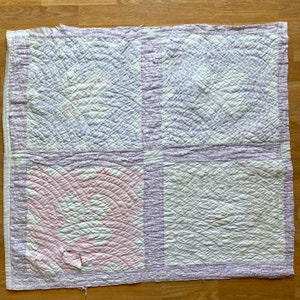 vintage signature quilt cutter pieces, 1930s pastel purple & pink friendship quilt, hand-embroidered names, shabby decor or photo prop image 9