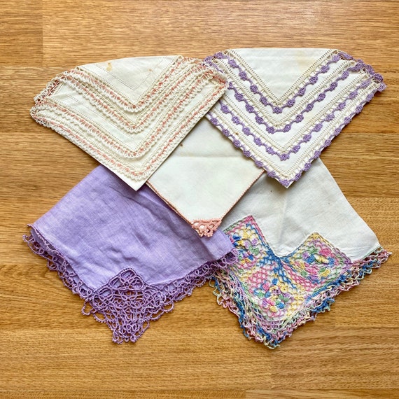 vintage pink & purple crochet edge handkerchiefs … - image 1