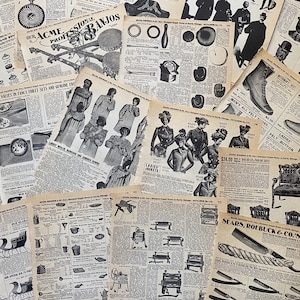 May include: A collection of vintage newspaper pages with advertisements for various products, including clothing, furniture, and tools. The pages feature black and white illustrations and text, including the words "Our Acme Professional Banjos", "Ladies' Jackets", "Men's All Felt Hats", and "Sears, Roebuck & Co.'s".