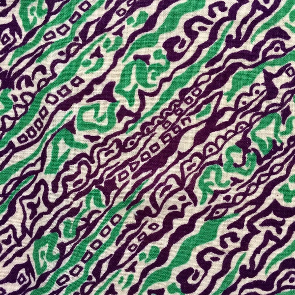 vintage feedsack scraps - purple/green abstract design on the bias