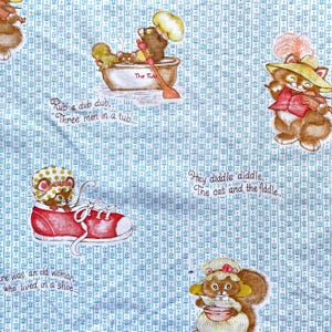 vintage nursery rhymes cotton fabric w/ mice, cats, squirrels, Spring Mills circa 1970s,