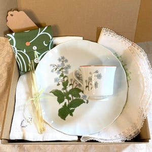Caja de regalo de té, juego de taza y plato vintage de ADG Delphine, tapete bordado, servilleta, bolsitas de té en bolsa hecha a mano, regalo para los amantes del té