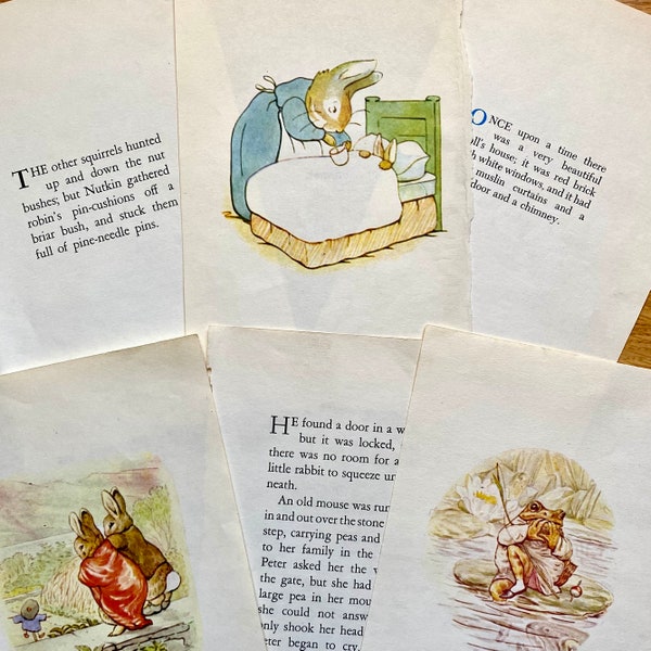 Beatrix Potter ephemera pack, 6 pages, illustrations & text, vintage 1970s pages