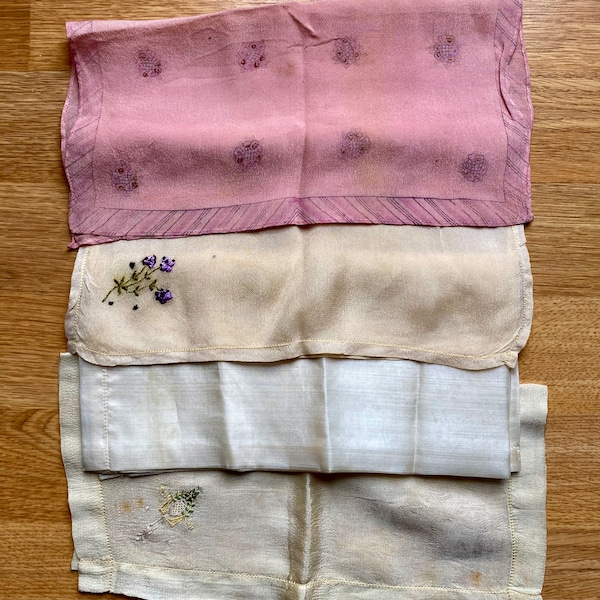 vintage silky imperfect handkerchiefs, pink & cream, lot of 4