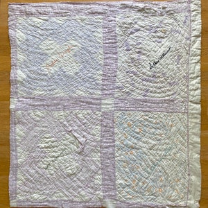 vintage signature quilt cutter pieces, 1930s pastel purple & pink friendship quilt, hand-embroidered names, shabby decor or photo prop image 3