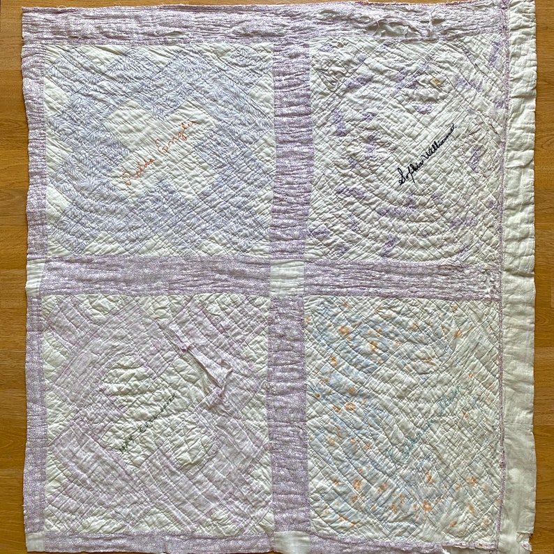 vintage signature quilt cutter pieces, 1930s pastel purple & pink friendship quilt, hand-embroidered names, shabby decor or photo prop image 3