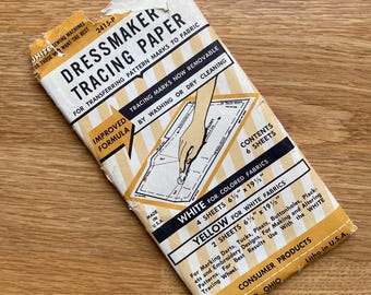 Papel de calco de modista blanco vintage, década de 1960, 6 hojas de calco de patrones en blanco y amarillo, parcialmente usado