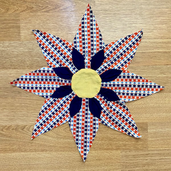 vintage Missouri Daisy scrappy feedsack orphan blocks, circa 1930s-40s, hand pieced, 8-pointed star