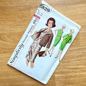 May include: Simplicity sewing pattern number 5829 for a dress with a brown and white print, a brown jacket, and a green dress. The pattern is for size 16, bust 36. The pattern is printed in Canada.