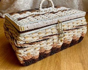 vintage woven sewing basket, brown tan & white, rectangular, circa 1970s-80s