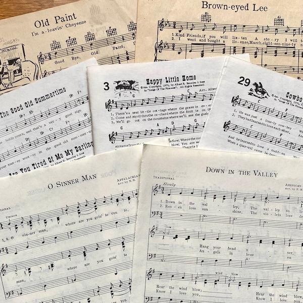 vintage sheet music cowboy & Americana songs, 7 pages, for junk journals, multimedia projects, upcycling
