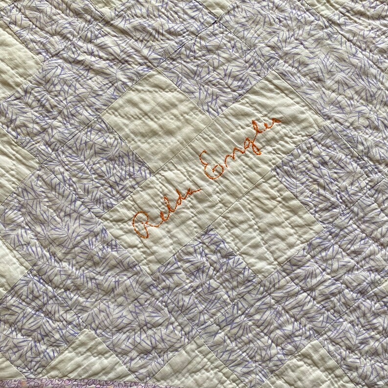 vintage signature quilt cutter pieces, 1930s pastel purple & pink friendship quilt, hand-embroidered names, shabby decor or photo prop image 4