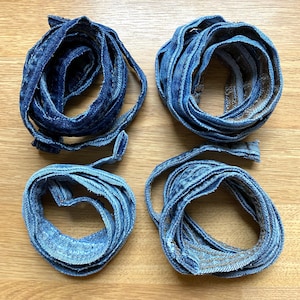 reclaimed denim inseams, salvaged long jeans seams, lot of 4, assorted washes