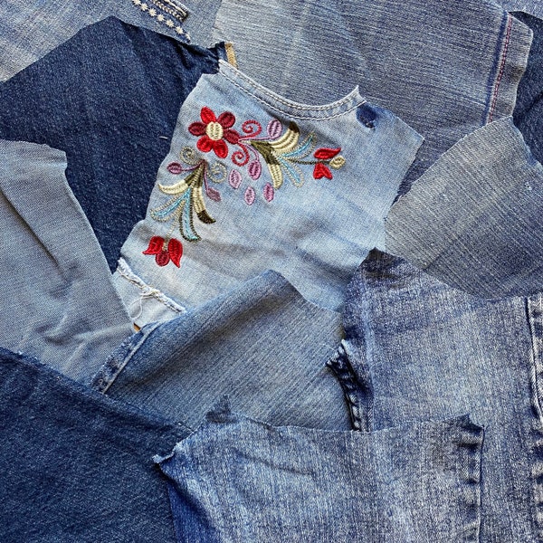 reclaimed denim scraps, various sizes, from kids' denim shorts, pieces for upcycling, mending, crafts