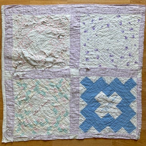 vintage signature quilt cutter pieces, 1930s pastel purple & pink friendship quilt, hand-embroidered names, shabby decor or photo prop